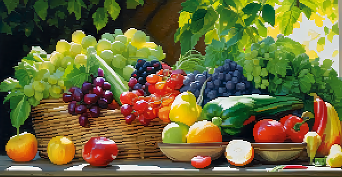 An outdoor setup with an assortment of fresh raw fruits and vegetables on a wooden table under dappled sunlight.