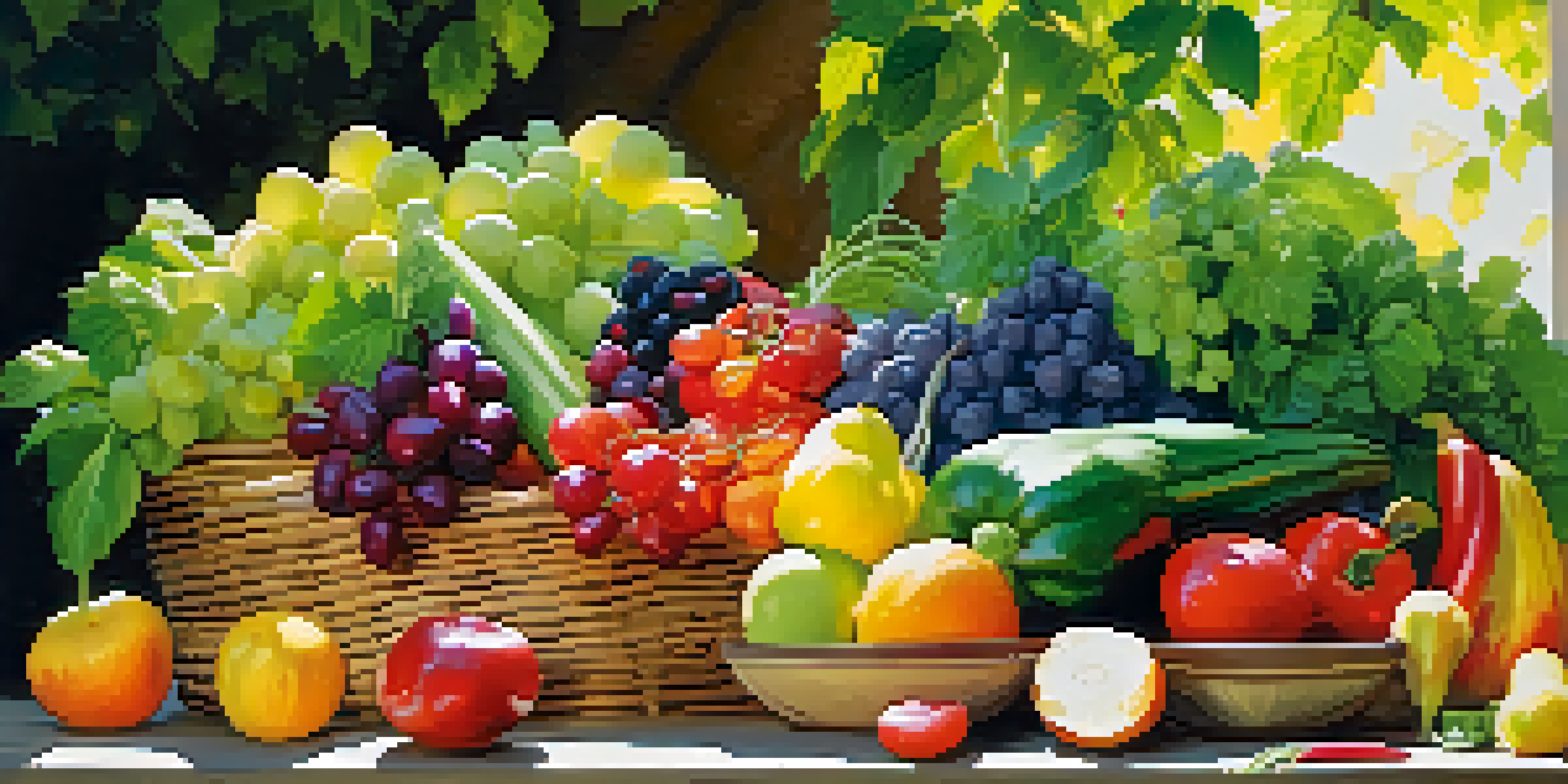 An outdoor setup with an assortment of fresh raw fruits and vegetables on a wooden table under dappled sunlight.