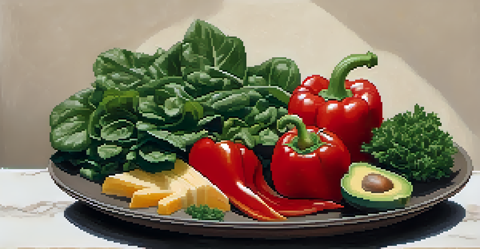 A muted earth-toned plate holding a stacked arrangement of sliced vegetables and avocado, accented with fresh basil leaves, surrounded by empty space for emphasis.