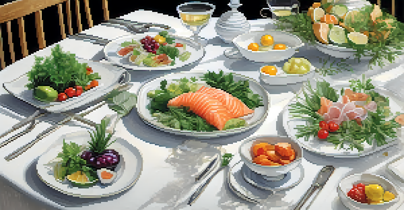 A beautifully set dining table displaying raw dishes, including sashimi, fresh fruits, and vegetable crudités, under warm ambient lighting.