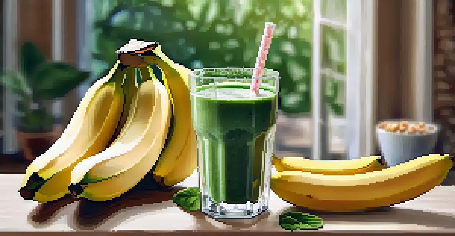 A refreshing green smoothie made from spinach and bananas in a glass, surrounded by fresh ingredients on a wooden table.