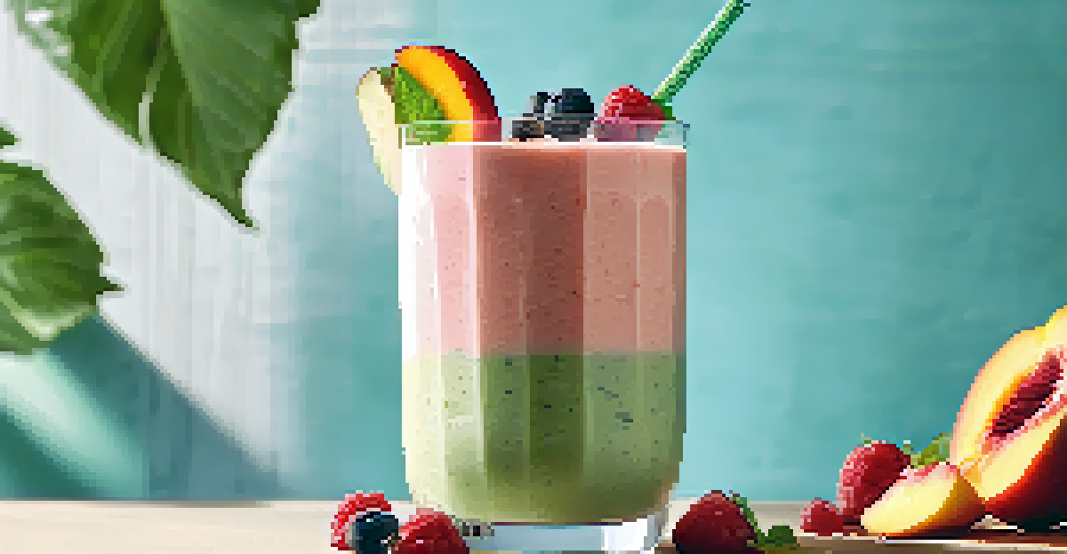 A delicious smoothie made with peaches and berries, garnished with mint leaves, and surrounded by fresh fruits.