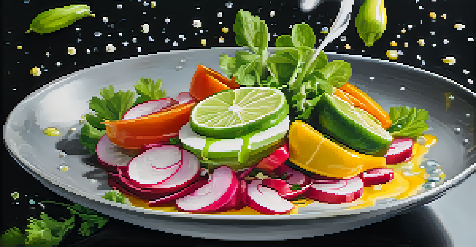 A close-up of lime dressing being drizzled over a vibrant salad of seasonal vegetables on a slate background.
