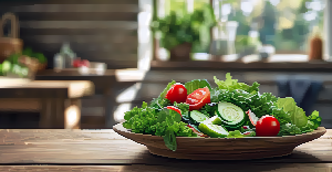 A colorful salad bowl containing various leafy greens, cherry tomatoes, and cucumber slices, illuminated by natural sunlight on a wooden table.