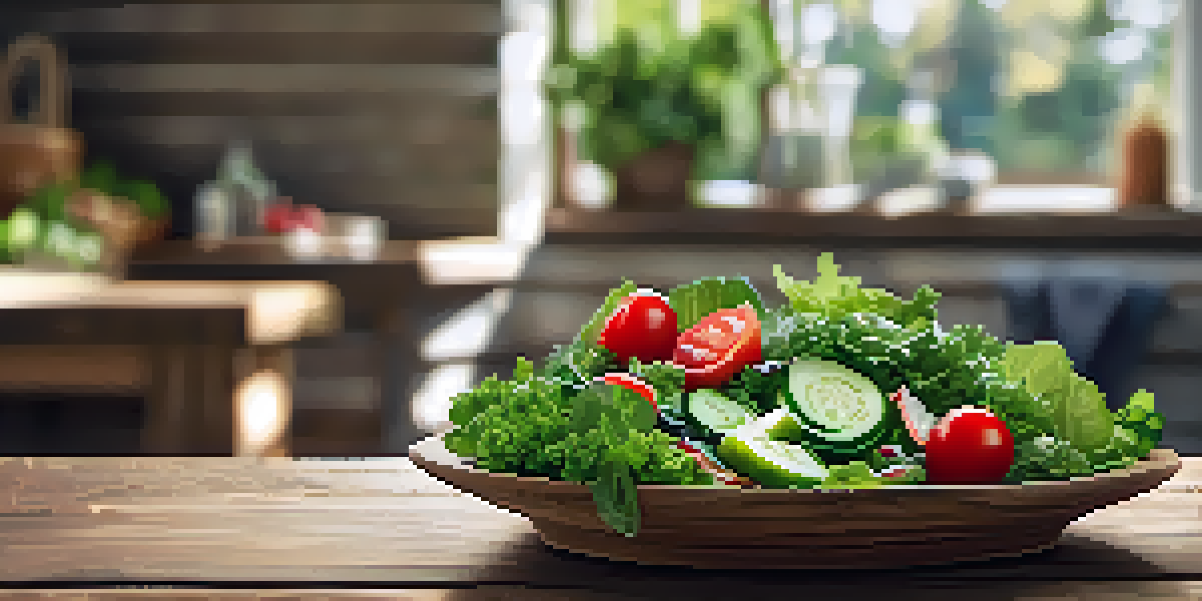 A colorful salad bowl containing various leafy greens, cherry tomatoes, and cucumber slices, illuminated by natural sunlight on a wooden table.