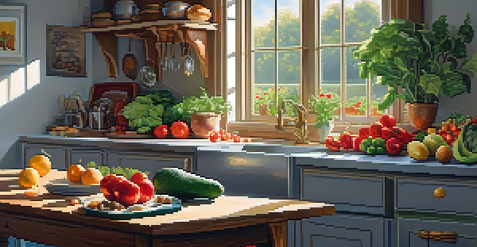 A sunny kitchen with a wooden table filled with colorful fruits and vegetables, including avocados, tomatoes, and leafy greens, illuminated by natural light.
