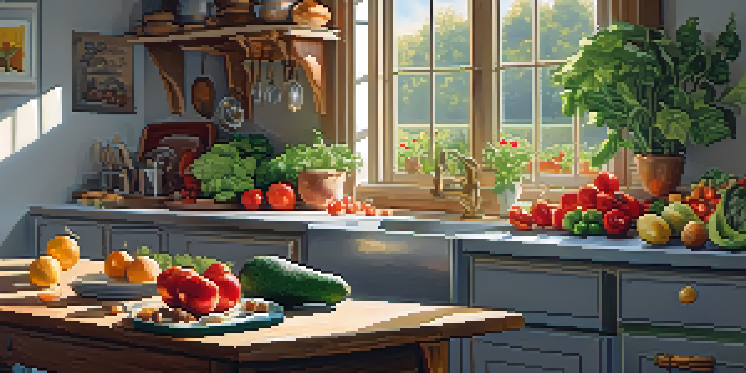 A sunny kitchen with a wooden table filled with colorful fruits and vegetables, including avocados, tomatoes, and leafy greens, illuminated by natural light.