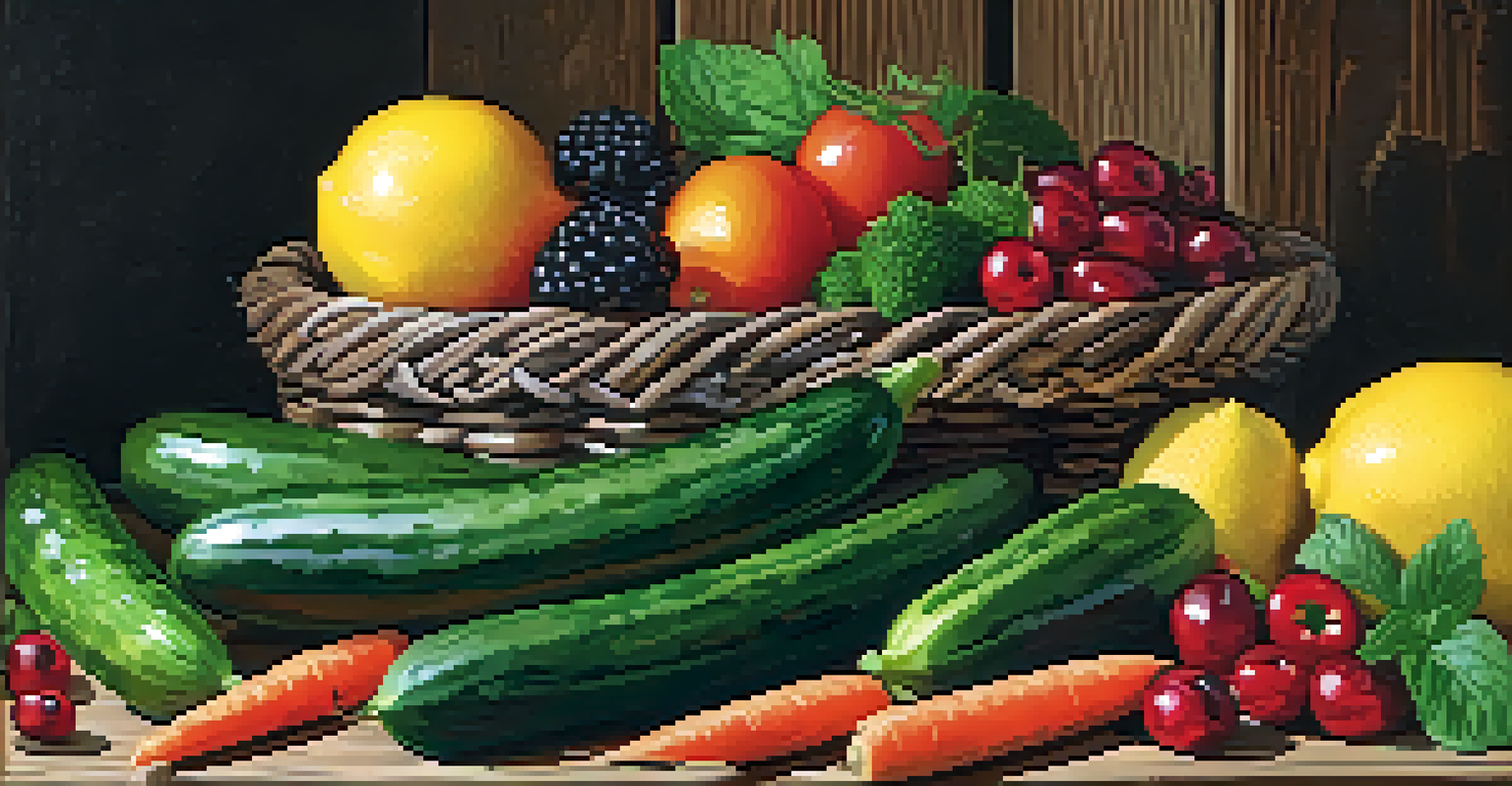 A beautiful arrangement of raw foods like cucumbers, carrots, and berries on a wooden background, alongside a glass of lemon-infused water.