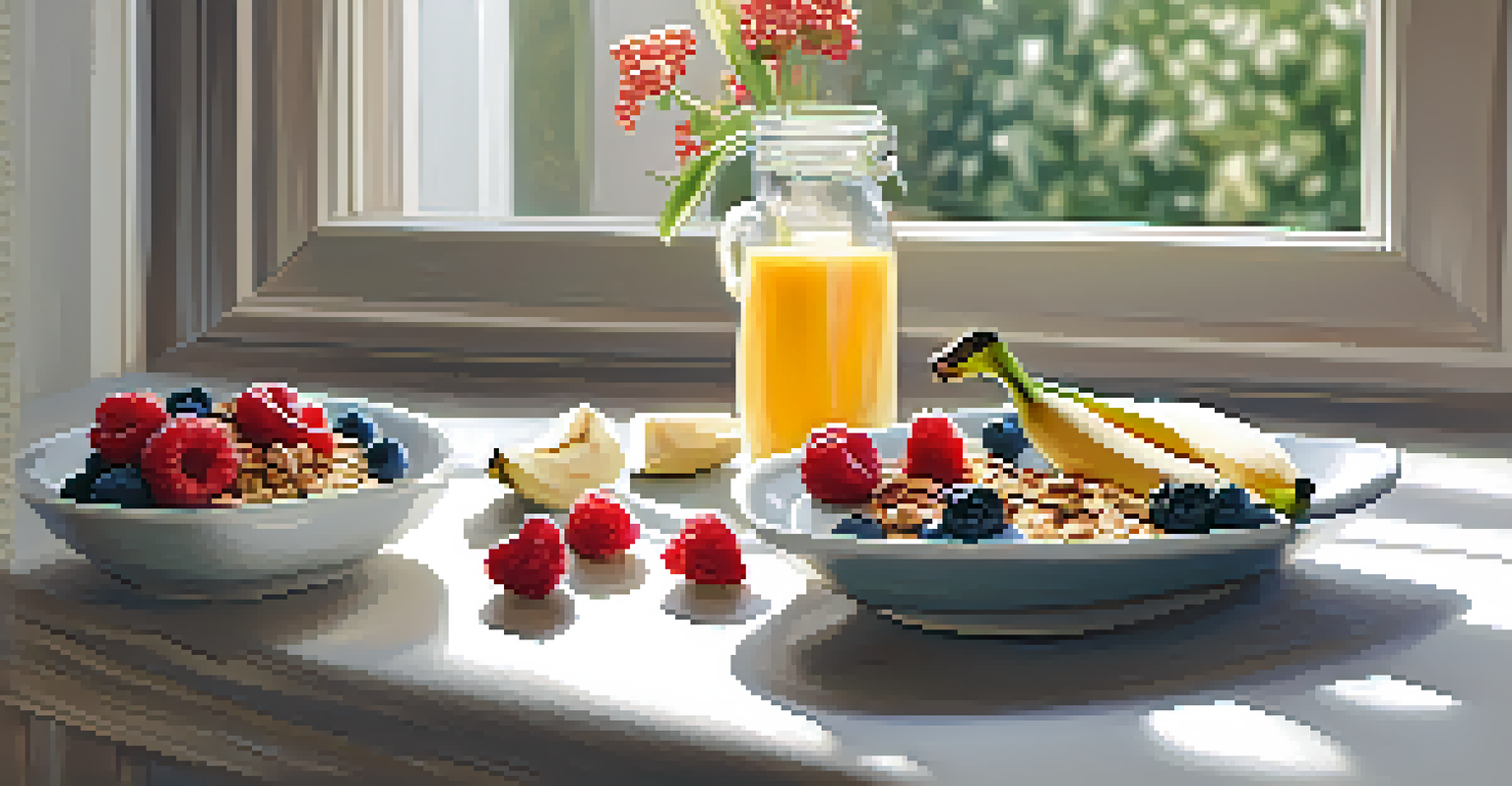A bowl of yogurt with fresh berries and granola on a breakfast table, accompanied by a vase of flowers and morning sunlight.