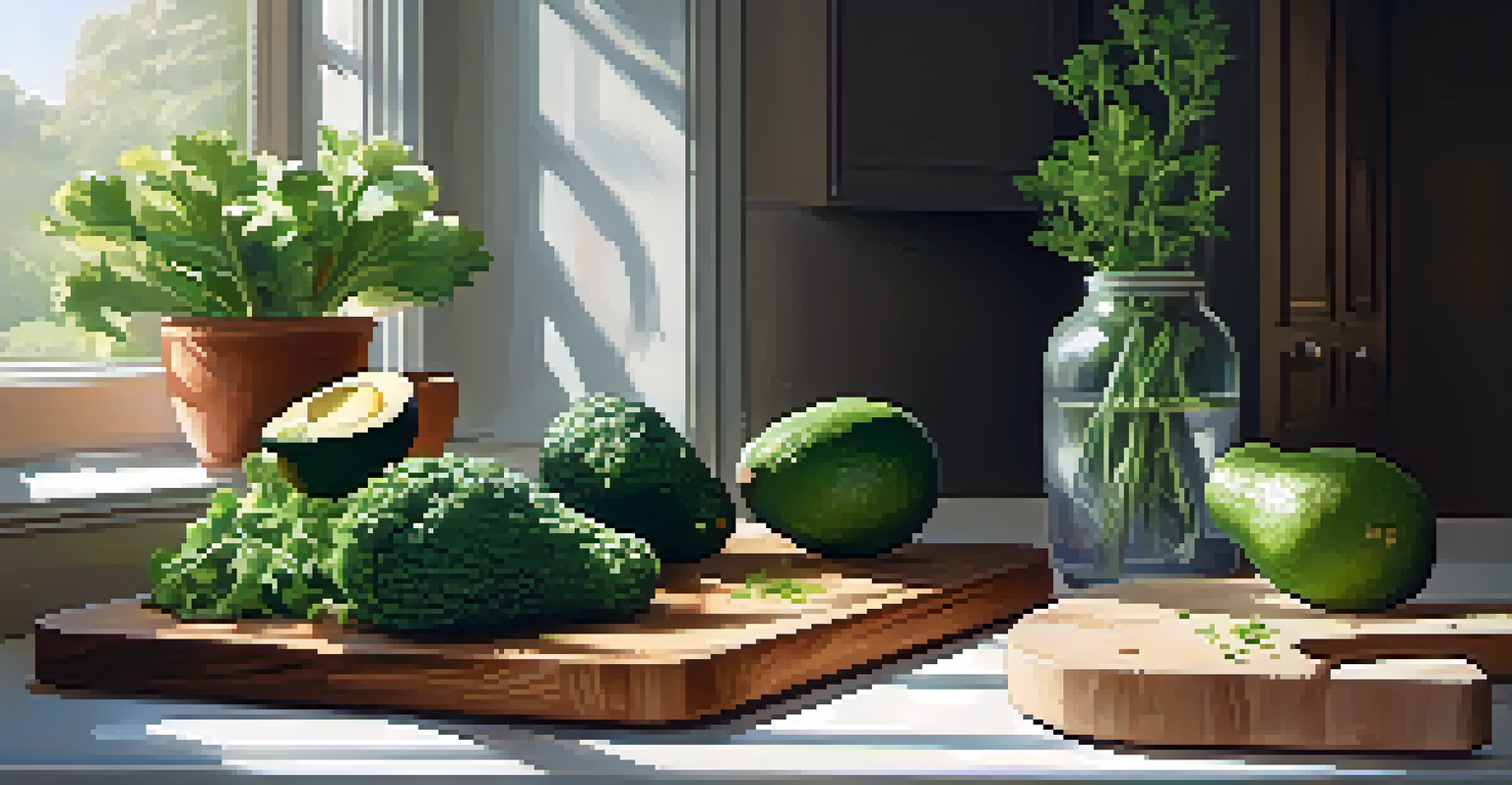 A wooden cutting board with raw ingredients like avocados and kale in a sunlit kitchen, with greenery visible outside.