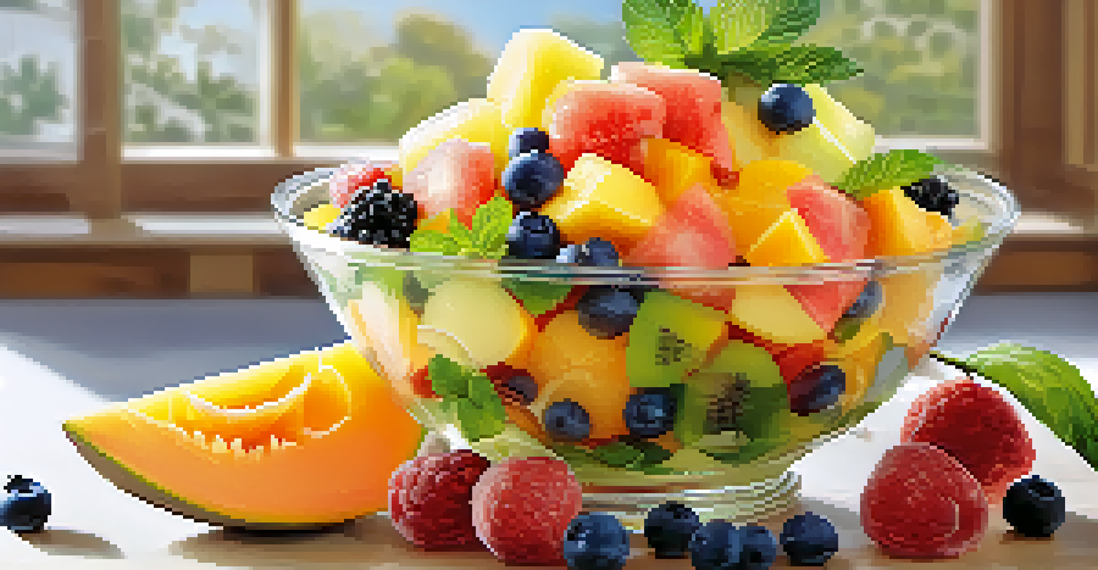 A glass bowl filled with a colorful fruit salad made of seasonal fruits, garnished with lime and mint, on a light wooden surface.