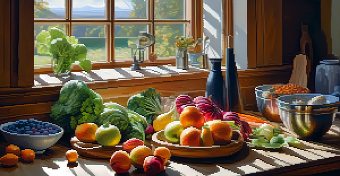 A bright kitchen filled with fresh fruits, vegetables, nuts, and seeds arranged on a wooden countertop, illuminated by soft natural light.
