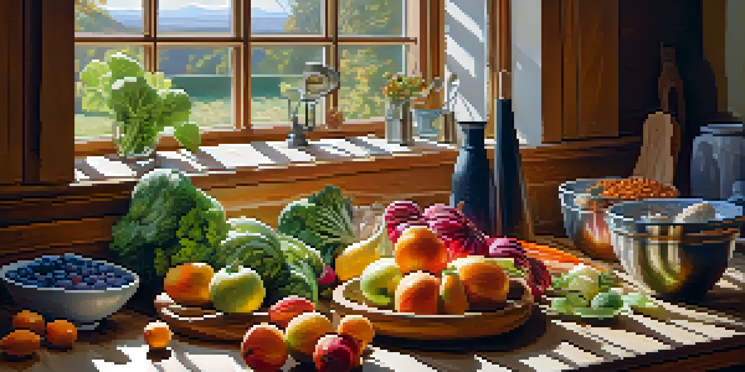 A bright kitchen filled with fresh fruits, vegetables, nuts, and seeds arranged on a wooden countertop, illuminated by soft natural light.