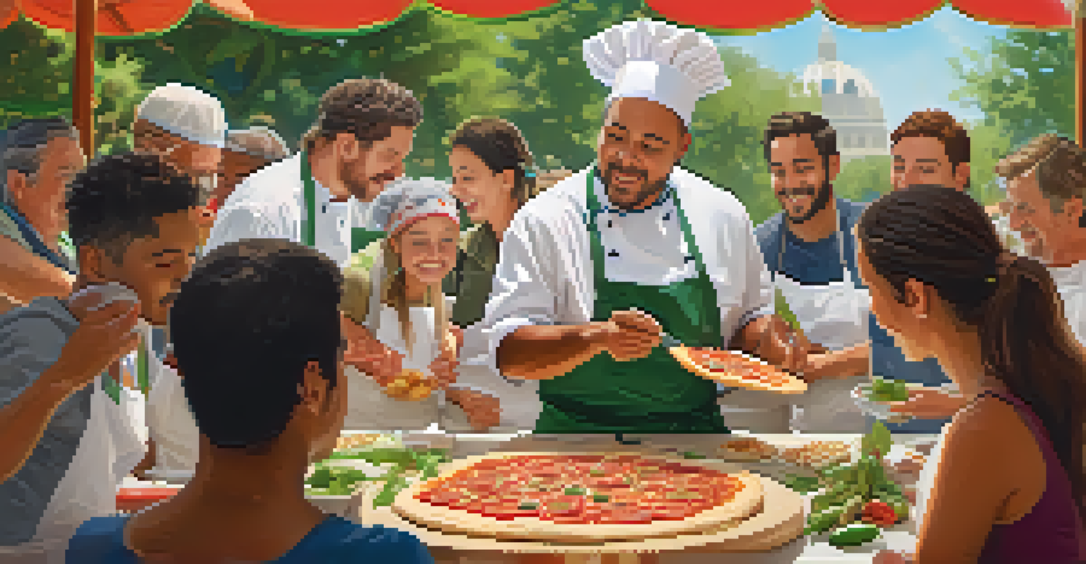 A chef leading a raw pizza preparation workshop at a culinary festival, surrounded by engaged participants and colorful ingredients.