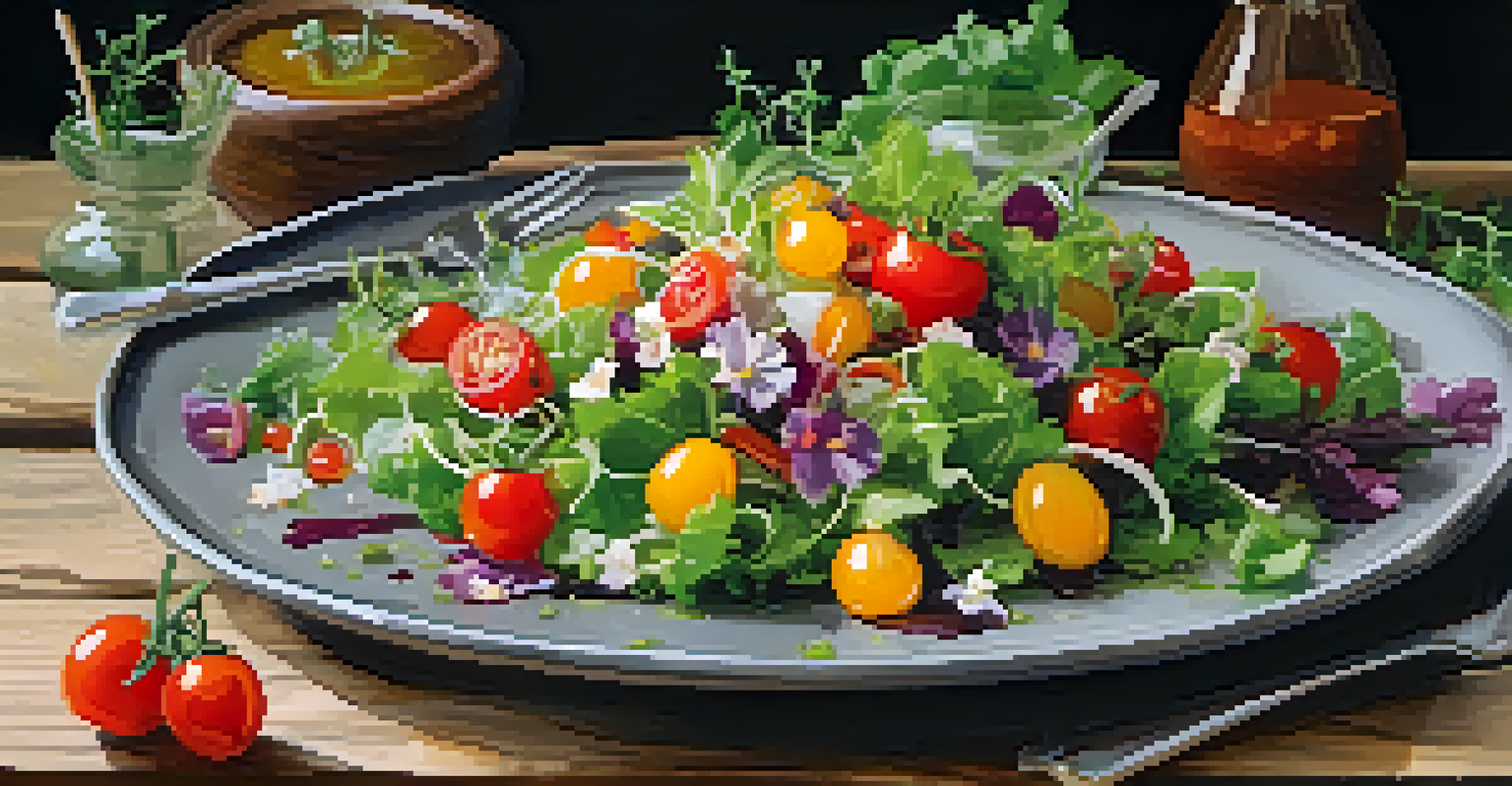 A gourmet raw food dish artfully presented on a wooden table, showcasing a colorful salad with edible flowers.