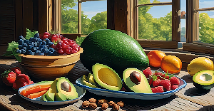 A colorful arrangement of fresh fruits and vegetables on a rustic wooden table, with sunlight casting soft shadows.