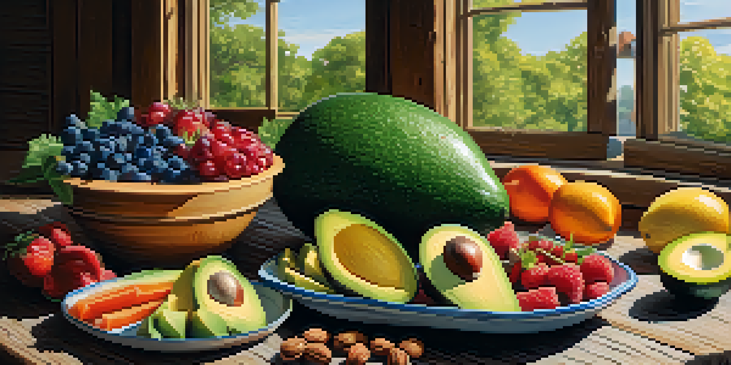 A colorful arrangement of fresh fruits and vegetables on a rustic wooden table, with sunlight casting soft shadows.