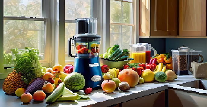 A colorful kitchen countertop featuring fresh fruits, vegetables, nuts, and seeds, with kitchen appliances for meal prep.