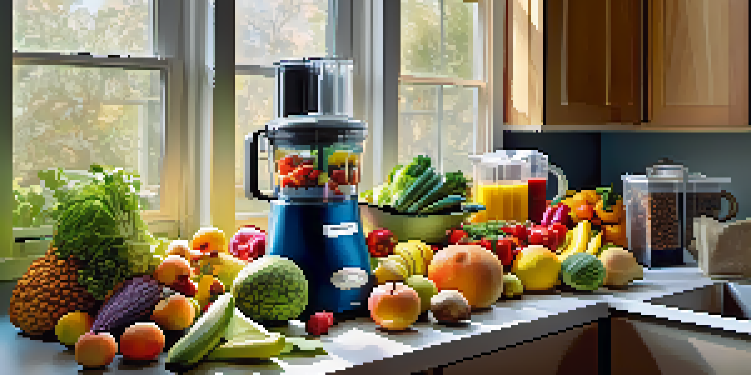 A colorful kitchen countertop featuring fresh fruits, vegetables, nuts, and seeds, with kitchen appliances for meal prep.