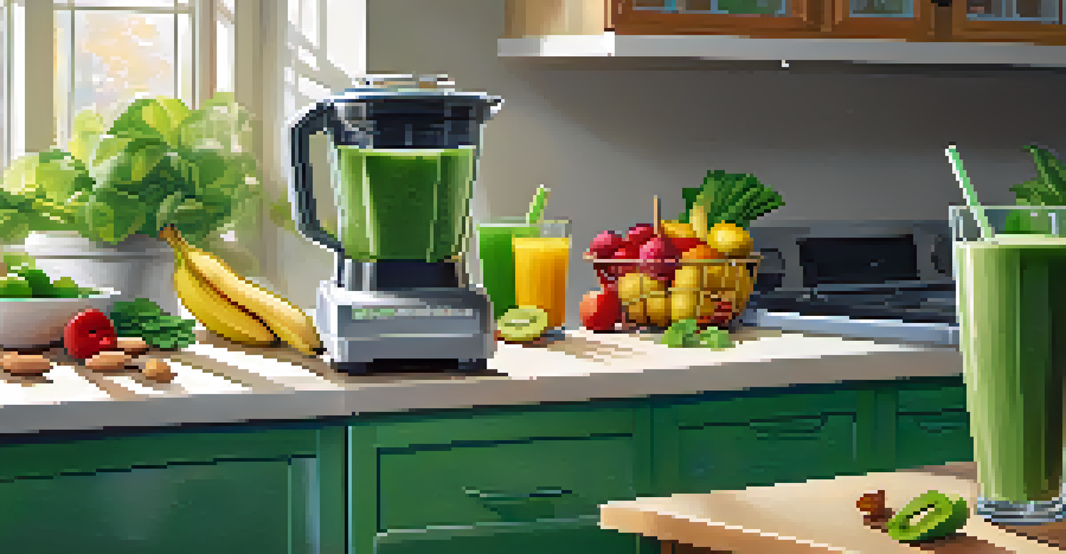 A kitchen counter with a blender full of green smoothie and scattered fruits and vegetables in a bright setting.