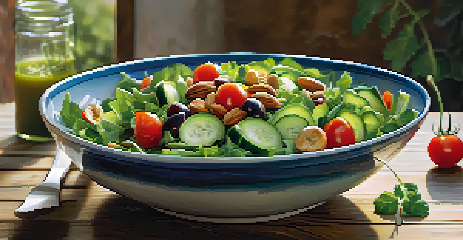 A large bowl of colorful raw salad with mixed greens, tomatoes, and nuts on a rustic wooden table, with natural light enhancing the colors.