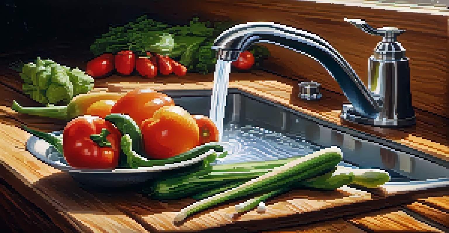 A close-up of hands washing vegetables under running water, with fresh produce on a cutting board in the background.