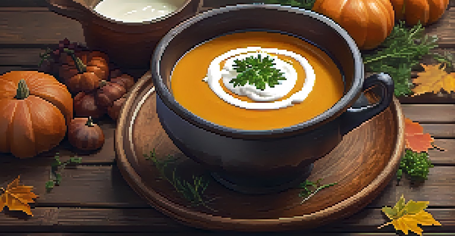 A warm bowl of roasted butternut squash soup garnished with cream and herbs, set against an autumn-themed background.