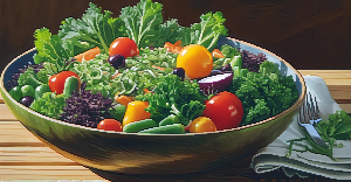 A colorful salad bowl featuring raw vegetables like kale, cherry tomatoes, and cucumbers, illuminated by natural sunlight.