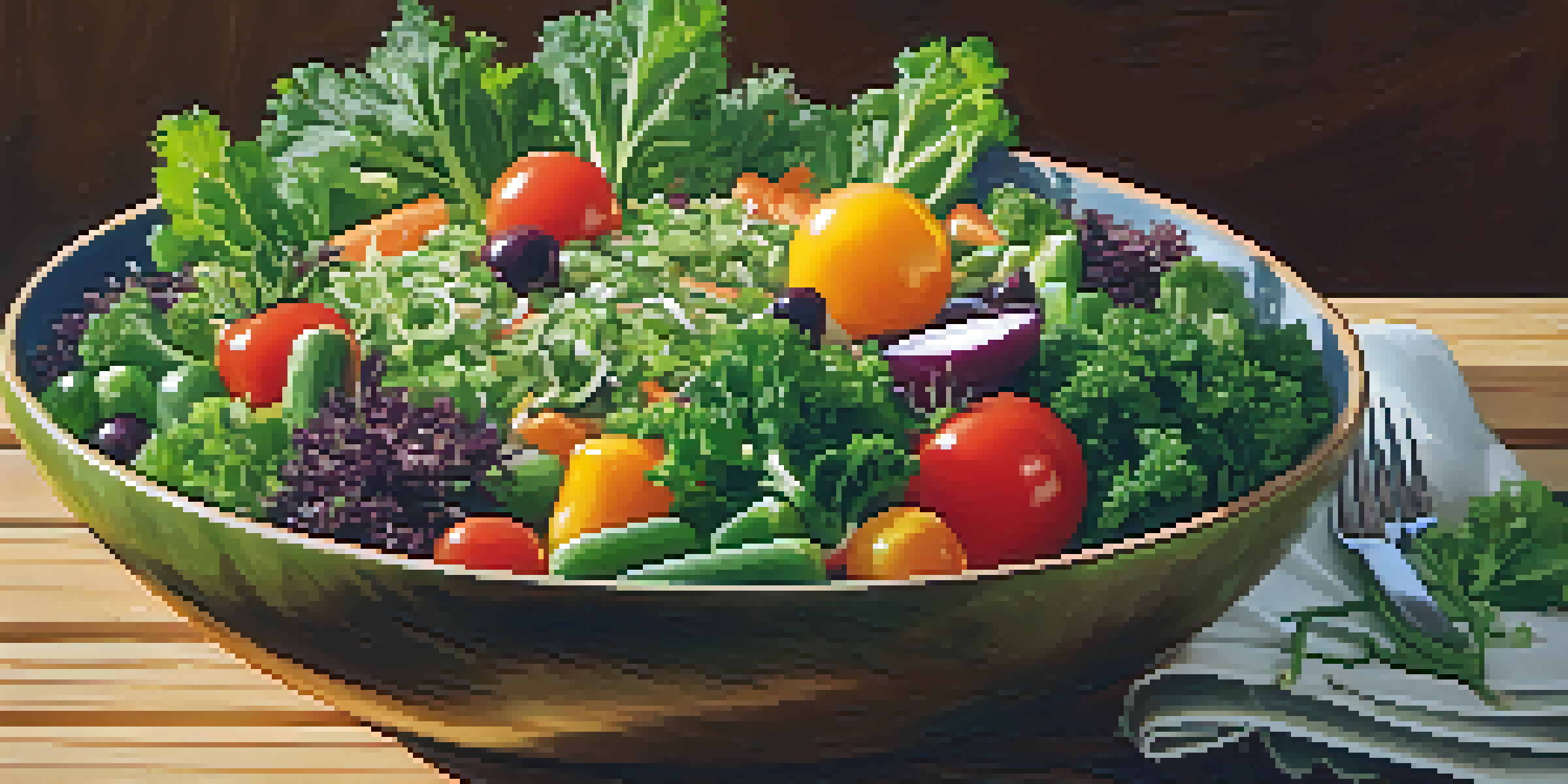 A colorful salad bowl featuring raw vegetables like kale, cherry tomatoes, and cucumbers, illuminated by natural sunlight.