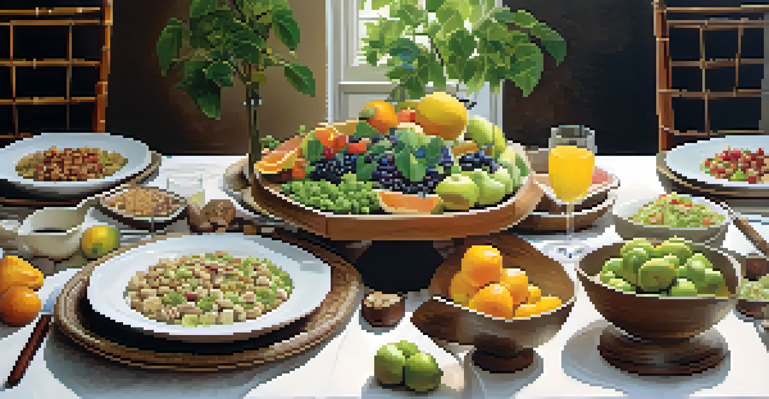 A table set with a raw food feast of fruits, nuts, and sprouts, surrounded by natural decor and soft lighting.