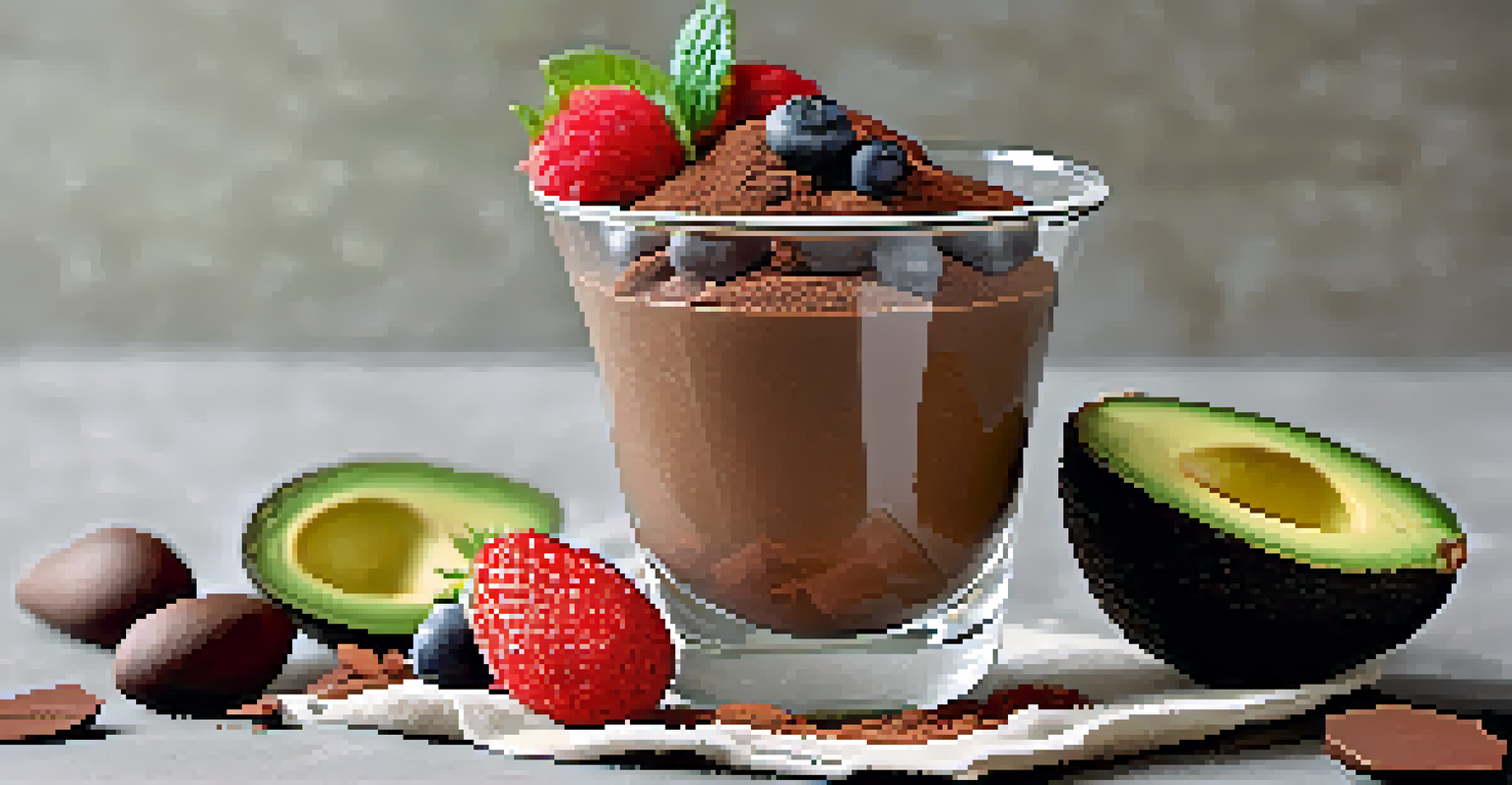 A creamy raw chocolate avocado mousse in a glass bowl with cacao powder and berries.