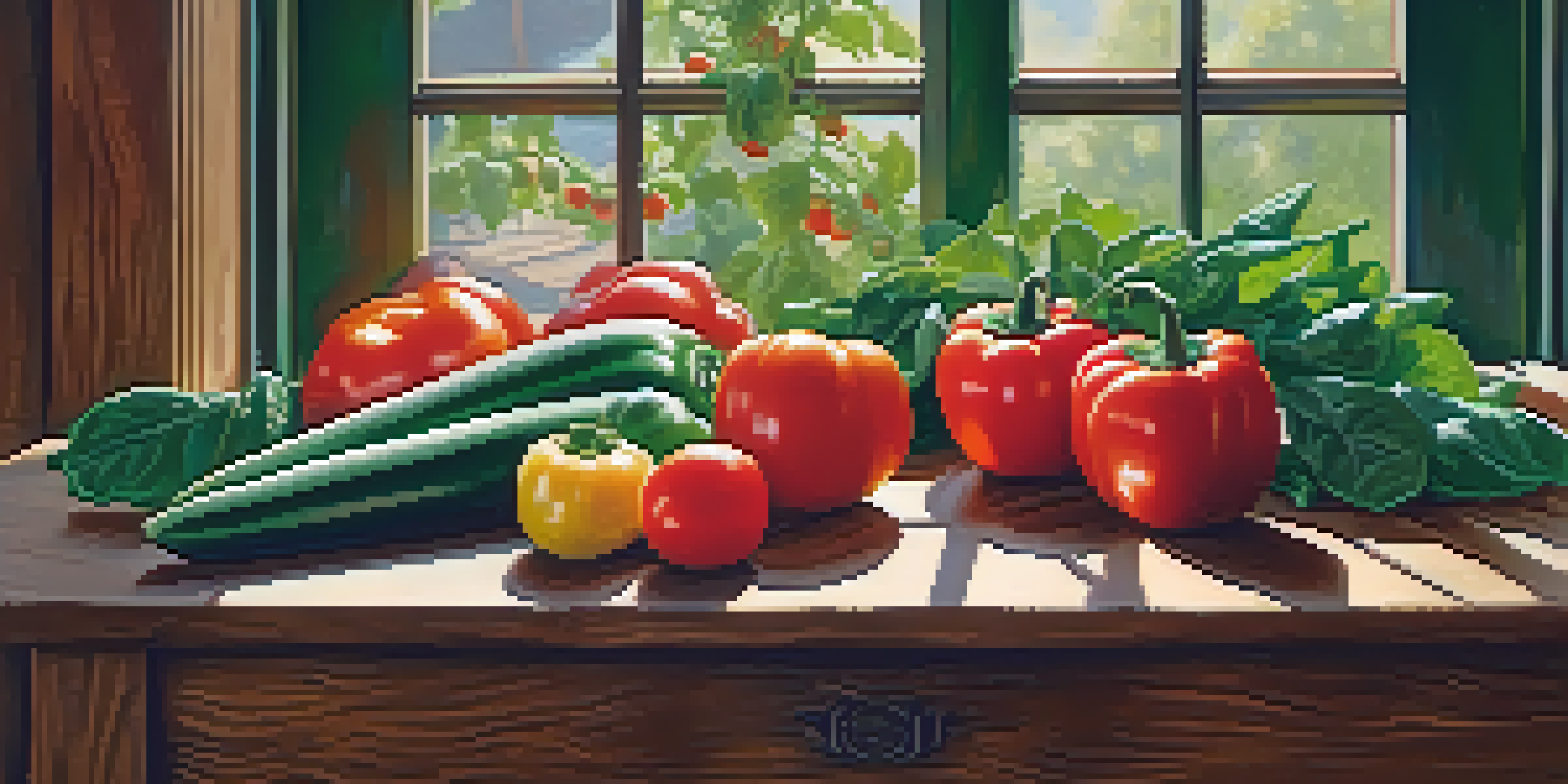 A colorful display of fresh fruits and vegetables on a wooden table, illuminated by soft natural light.