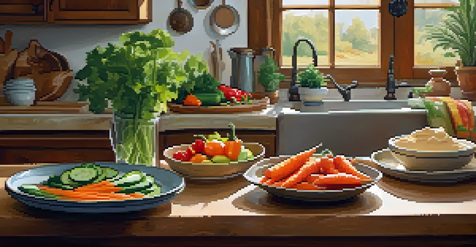 A wooden cutting board with freshly chopped raw vegetables like carrots and cucumbers next to a bowl of hummus, set in a warm, inviting kitchen with natural light.