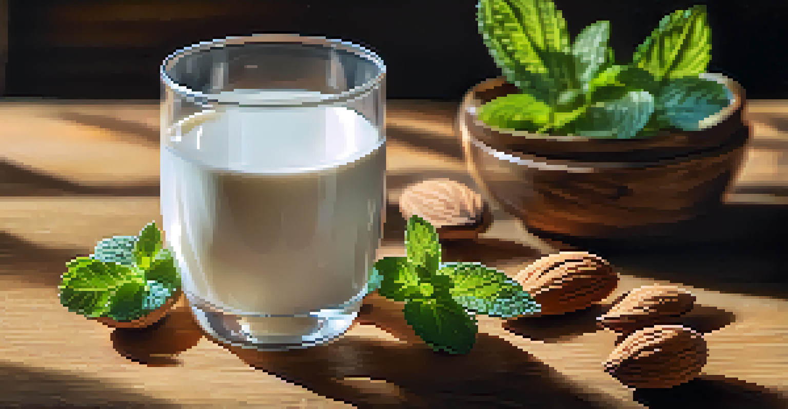 A glass of almond milk on a wooden table next to almonds and mint, with soft sunlight creating a warm ambiance.