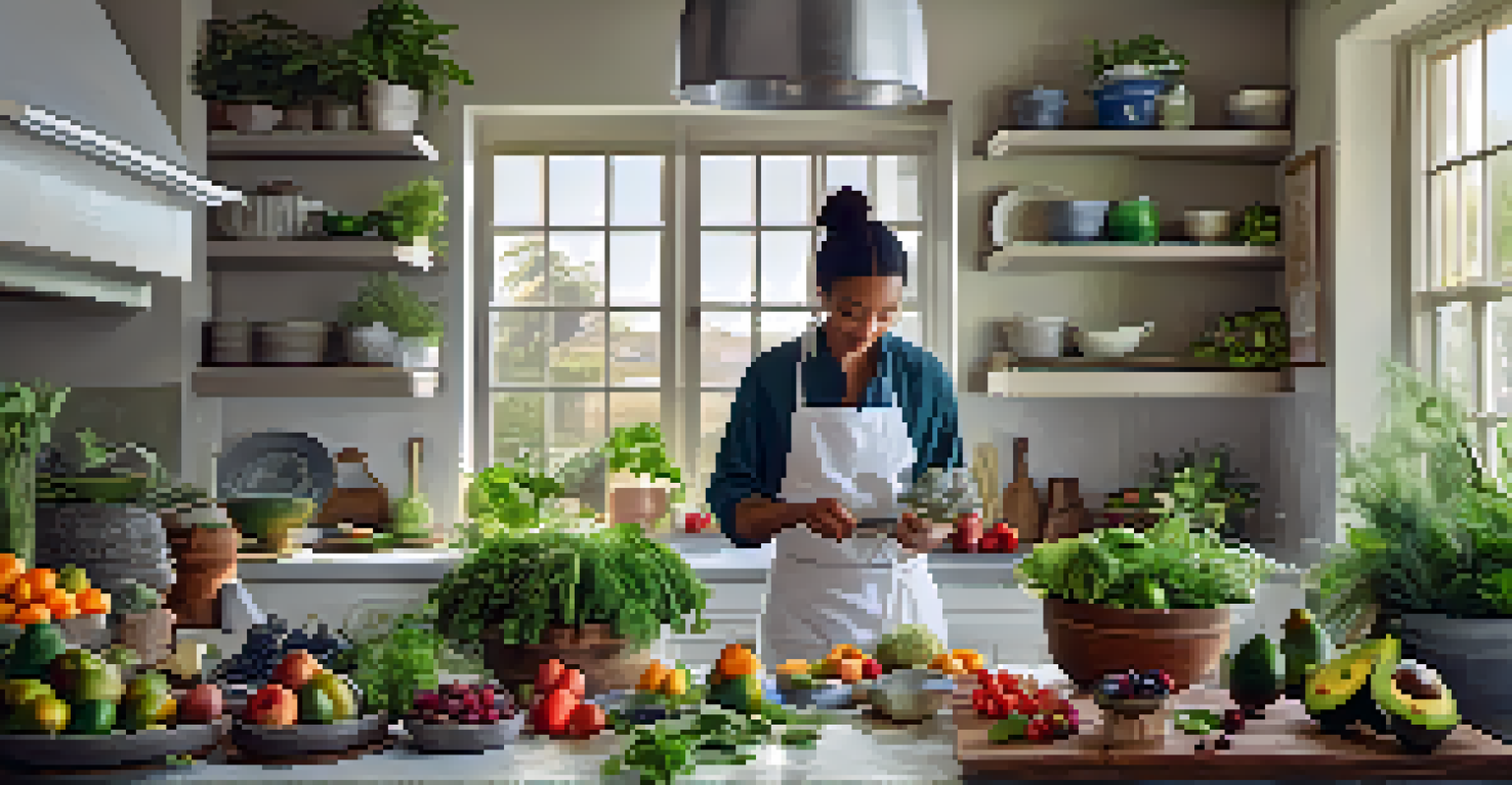 A chef in a bright kitchen preparing a raw food dish with fresh ingredients like avocados and berries.
