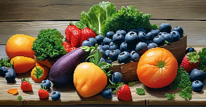 A variety of raw fruits and vegetables on a wooden table, including strawberries, blueberries, kale, and carrots, with water droplets glistening under natural light.