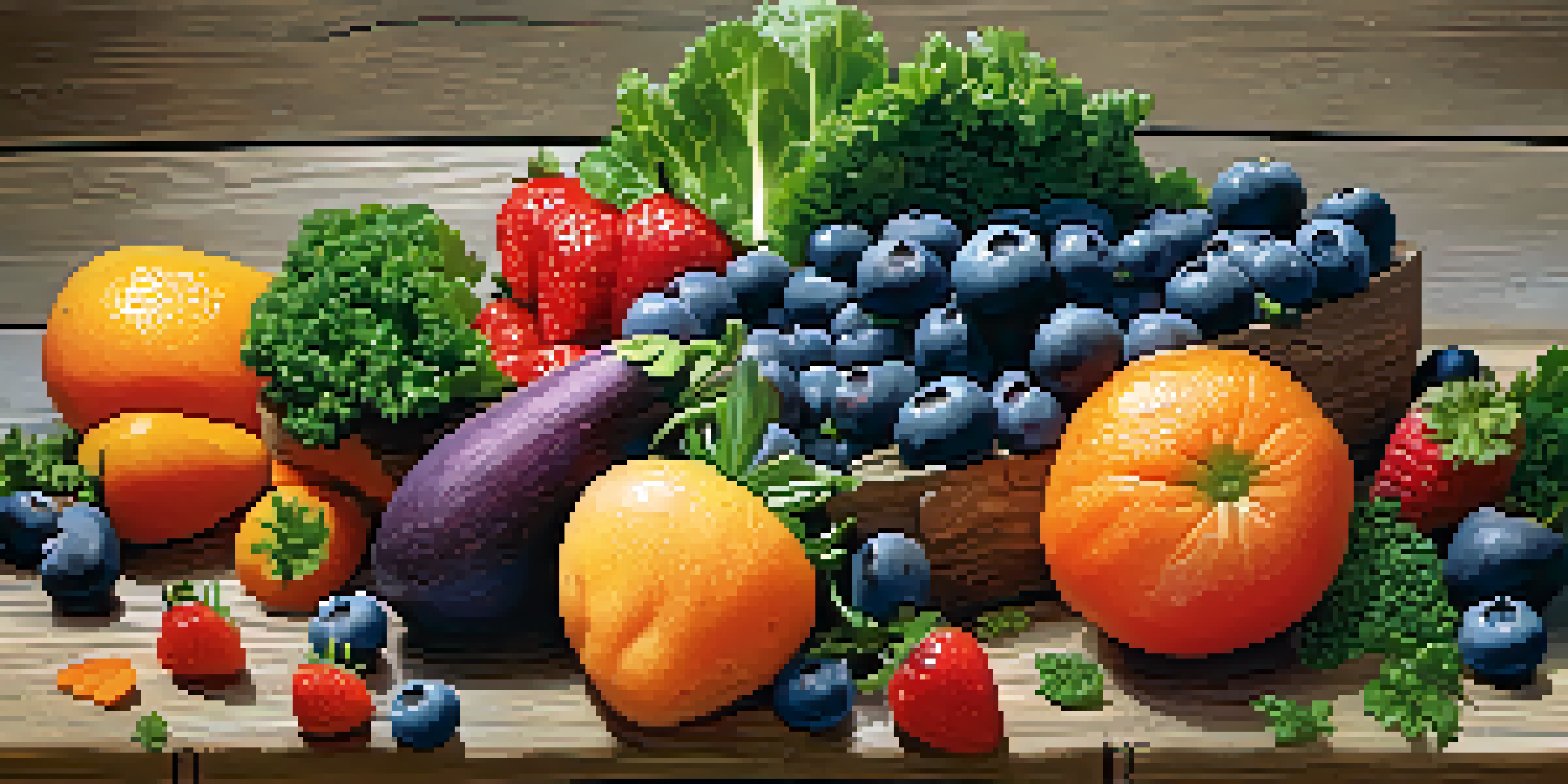 A variety of raw fruits and vegetables on a wooden table, including strawberries, blueberries, kale, and carrots, with water droplets glistening under natural light.