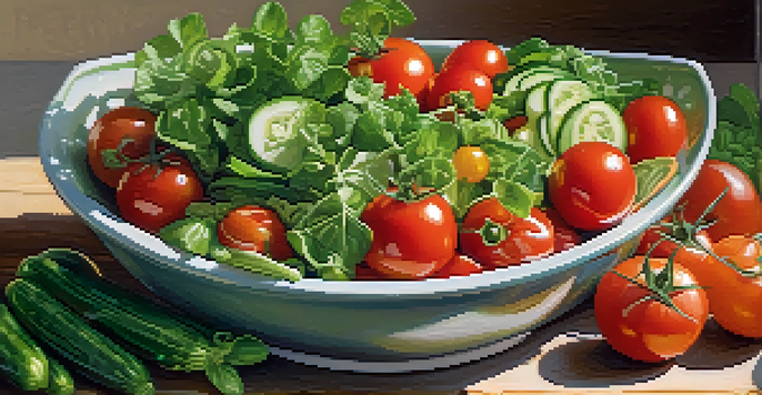 A colorful salad bowl filled with fresh greens, tomatoes, and cucumbers on a wooden table.