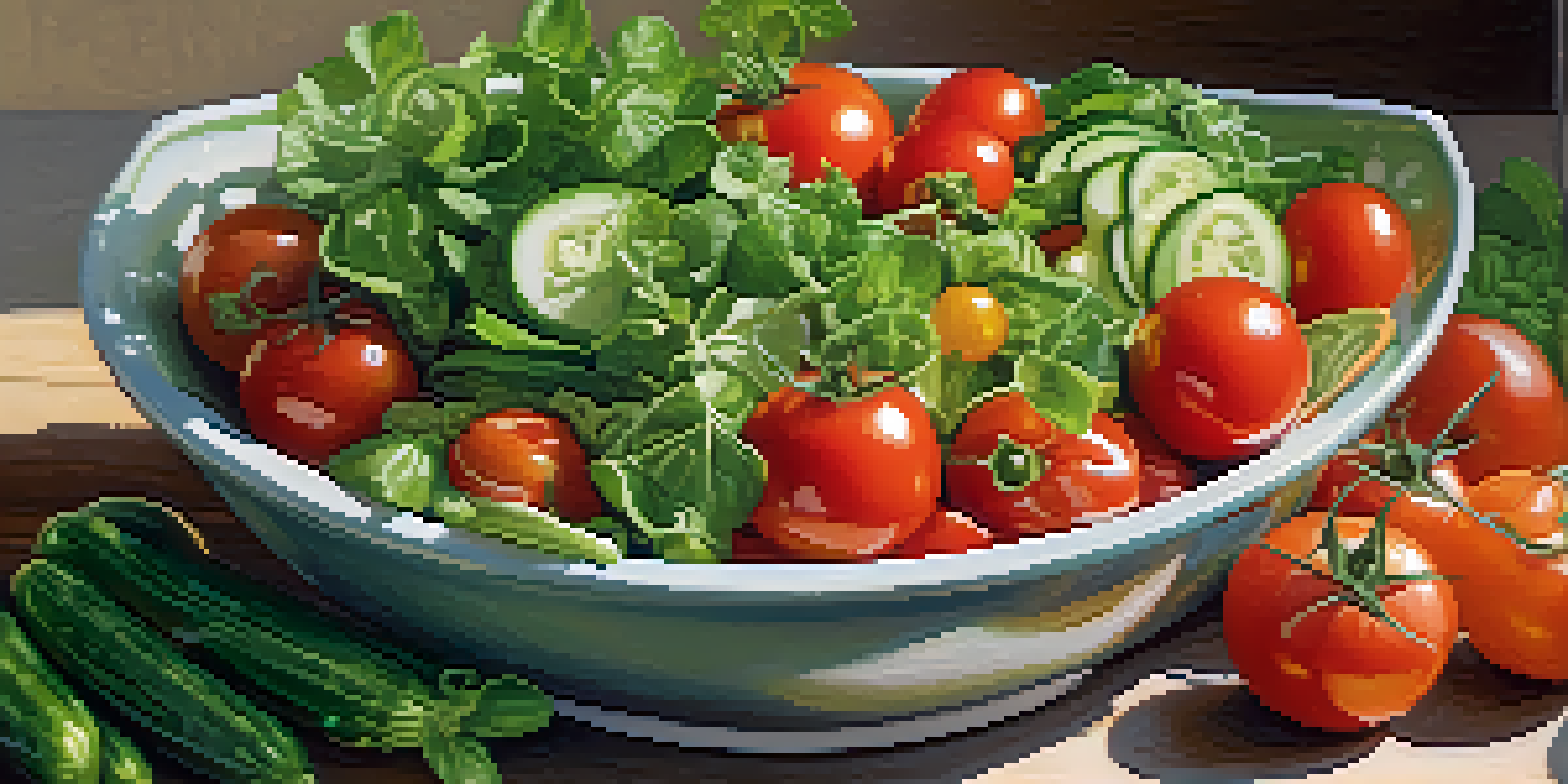 A colorful salad bowl filled with fresh greens, tomatoes, and cucumbers on a wooden table.