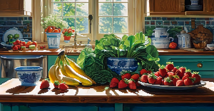 A bright kitchen with a variety of fresh raw fruits and vegetables on a wooden countertop, illuminated by sunlight.