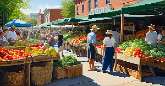 A lively farmer's market with colorful displays of fresh organic fruits and vegetables under sunlight.