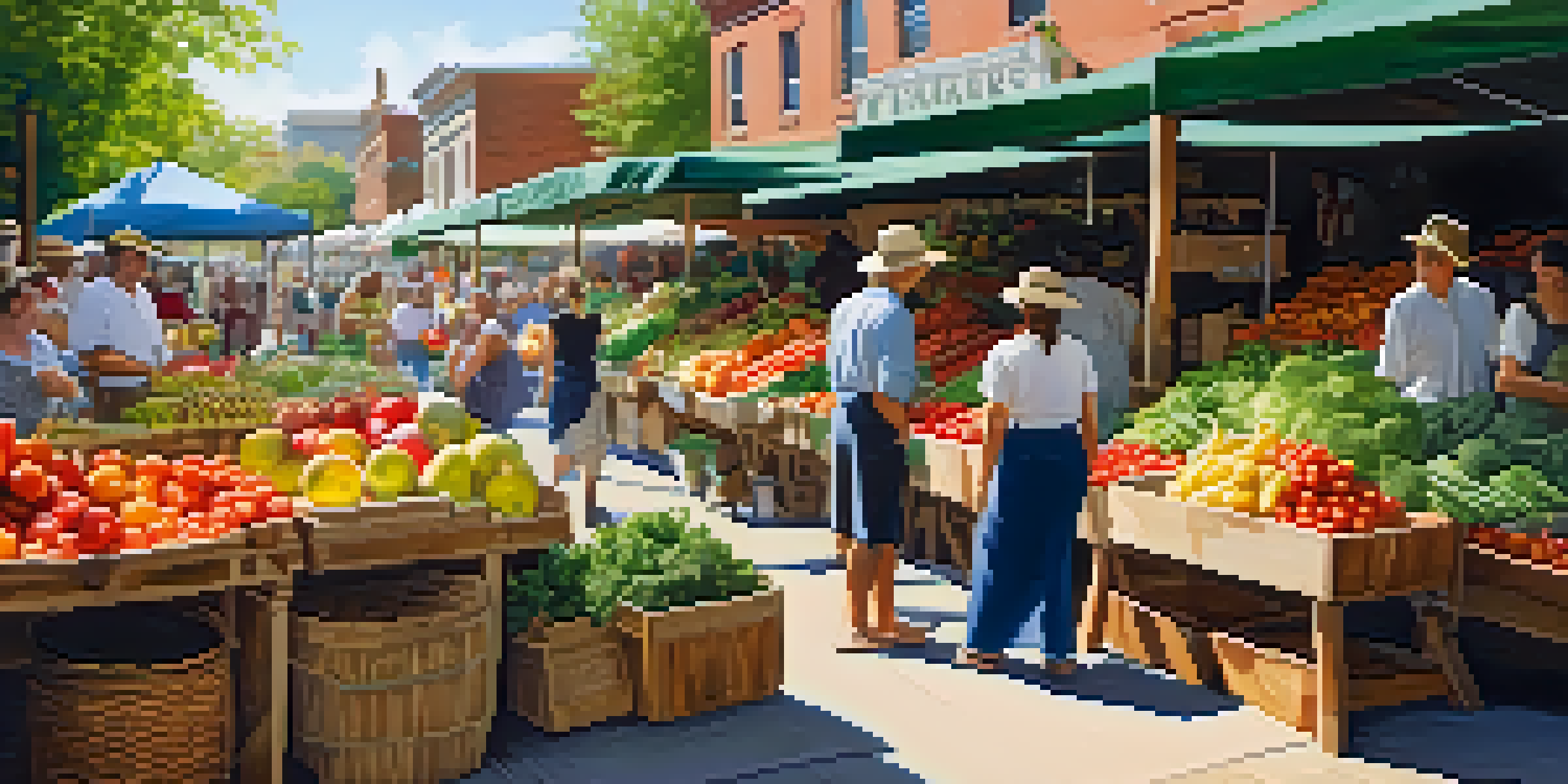 A lively farmer's market with colorful displays of fresh organic fruits and vegetables under sunlight.