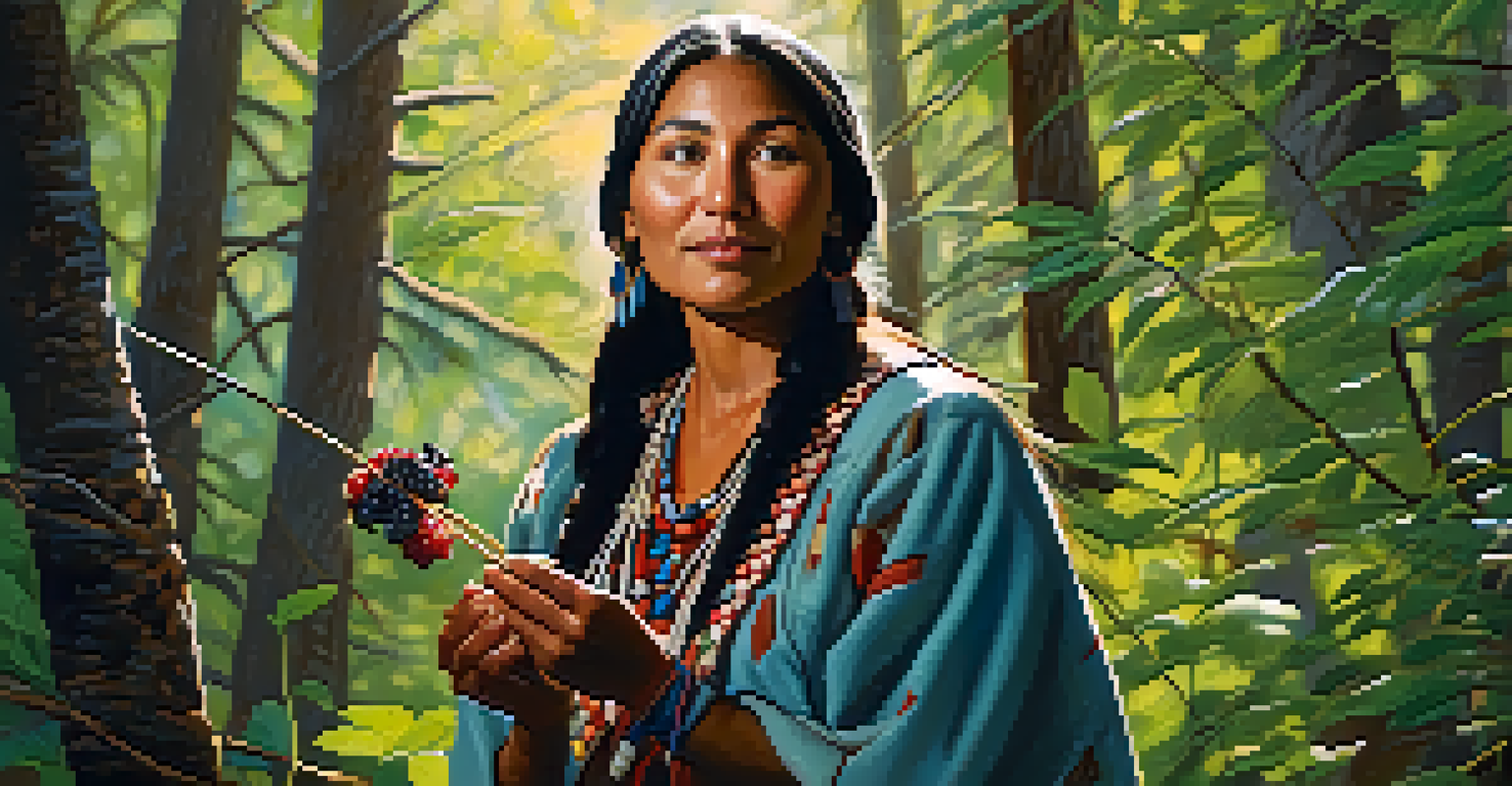 A Native American woman in traditional clothing joyfully gathering wild berries in a sunny forest, highlighting her connection to nature.