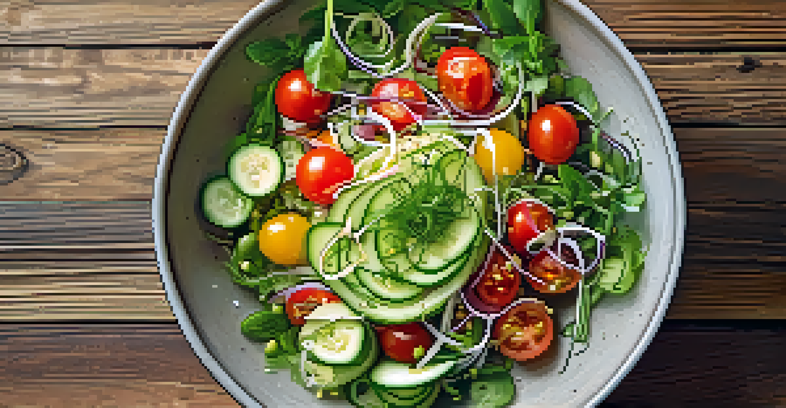 An overhead view of a colorful raw food salad bowl filled with fresh vegetables and a drizzle of olive oil.