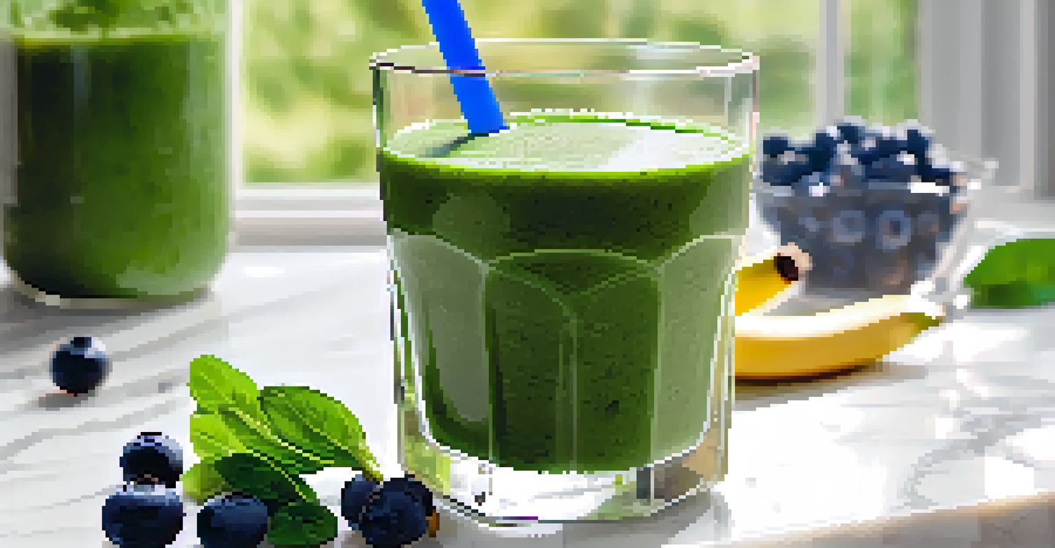 A close-up view of a green smoothie made with spinach, banana, and blueberries in a glass on a marble countertop, with blueberries scattered around.
