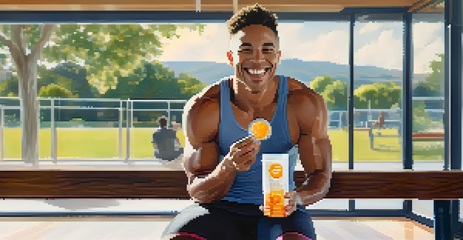 A person smiling while holding a container of raw energy bites post-workout, sitting on a gym bench with gym equipment in the background.
