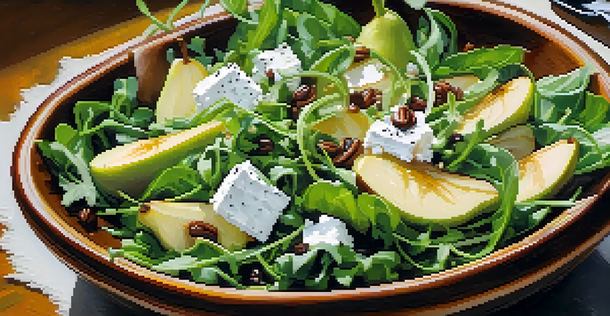 A colorful salad with arugula, sliced pears, and goat cheese, drizzled with balsamic glaze.