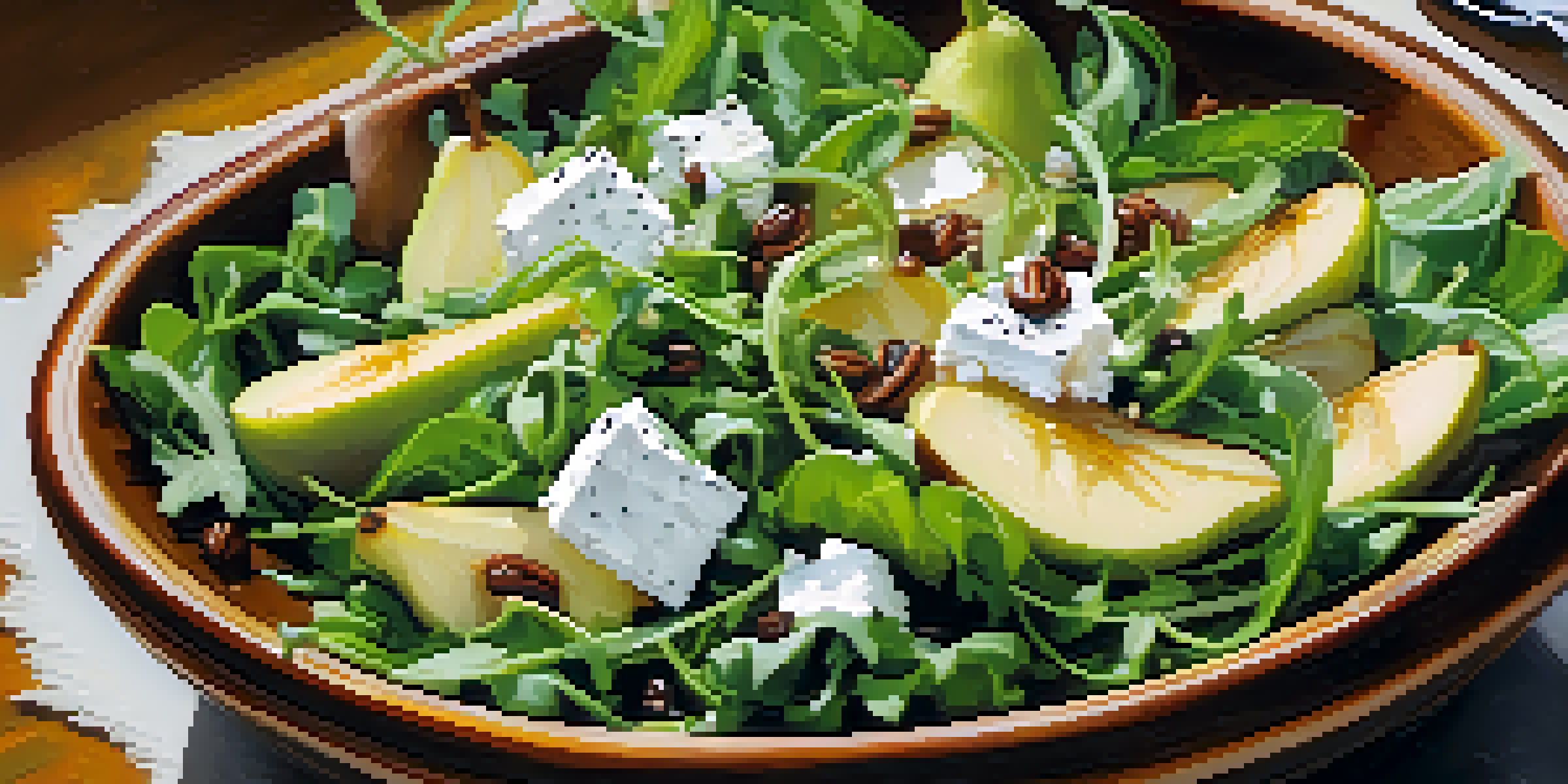 A colorful salad with arugula, sliced pears, and goat cheese, drizzled with balsamic glaze.