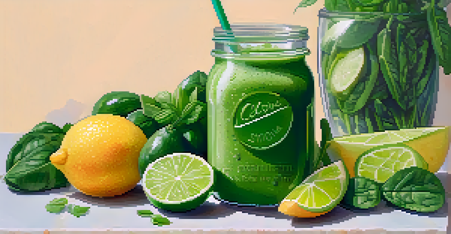 A close-up view of a green smoothie in a jar with fresh spinach and cucumbers, surrounded by whole fruits.