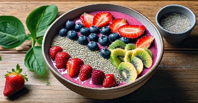 A colorful smoothie bowl with fruits, chia seeds, and ashwagandha powder on a wooden table surrounded by green plants.